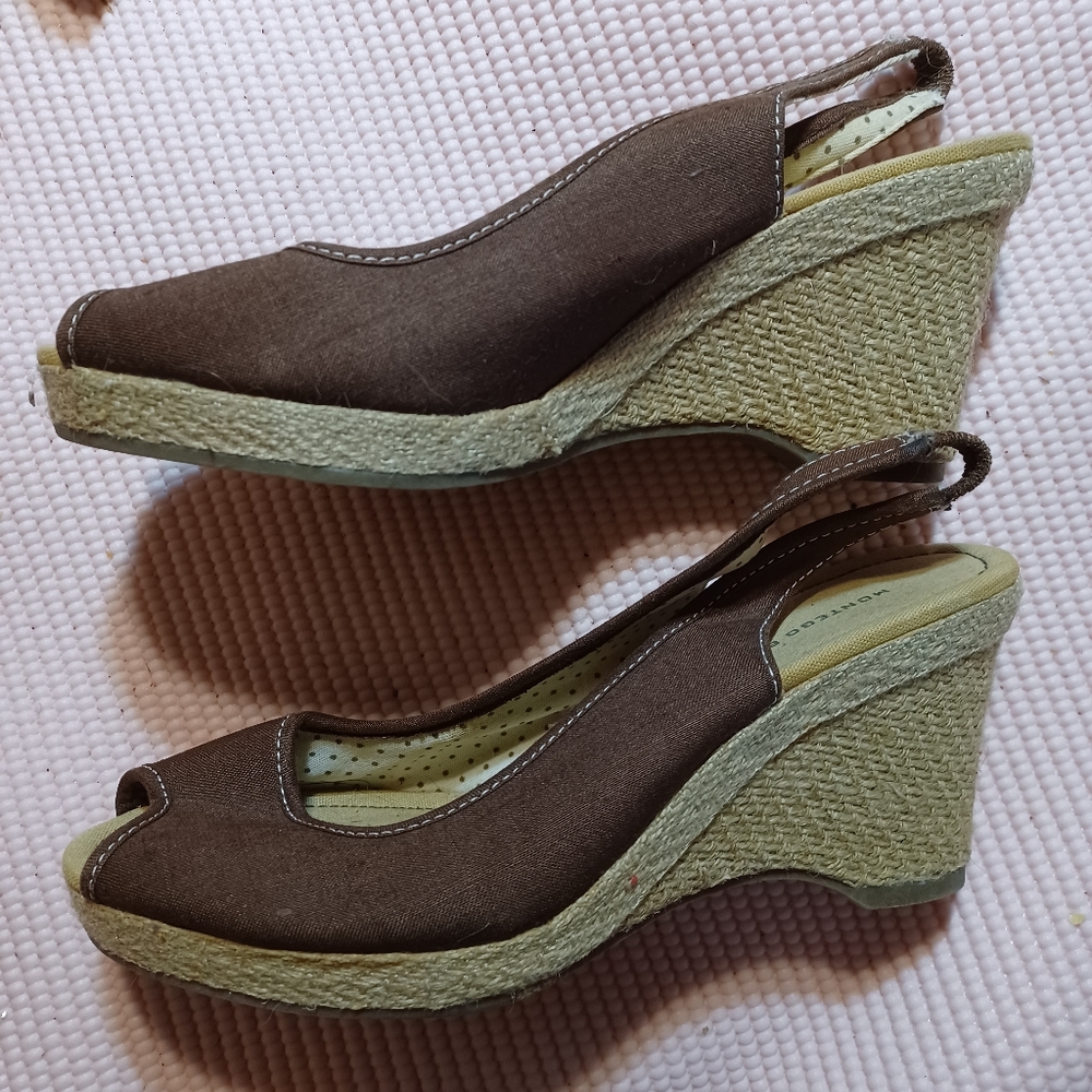 Size 7M Montego Bay brown Denim wedge heeled slingback,  brown peeptoe sandals